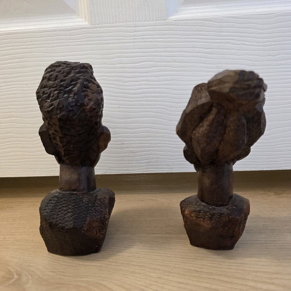 Vintage African Brown Wooden Man & Woman Tribal Folk Art Head Bust Sculptures - Picture 3 of 6